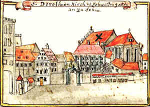 S. Dorotheam Kirch von Schweidnitzergasse an zu sehen - Koci w. Doroty, widok z ul. widnickiej